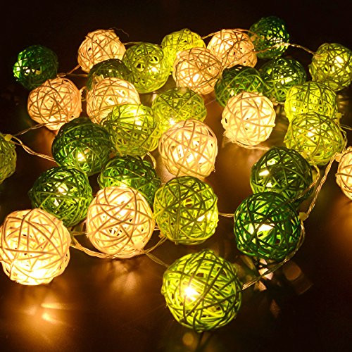 V382-GREENWHITERATTBALLBATT20-202504040941-00 1 Set of Green n White 5cm Rattan Cane 20 Ball Battery Powered 3m String Lights Christmas Gift Home Wedding Party Bedroom Decoration Table Centrepiece - Image 1