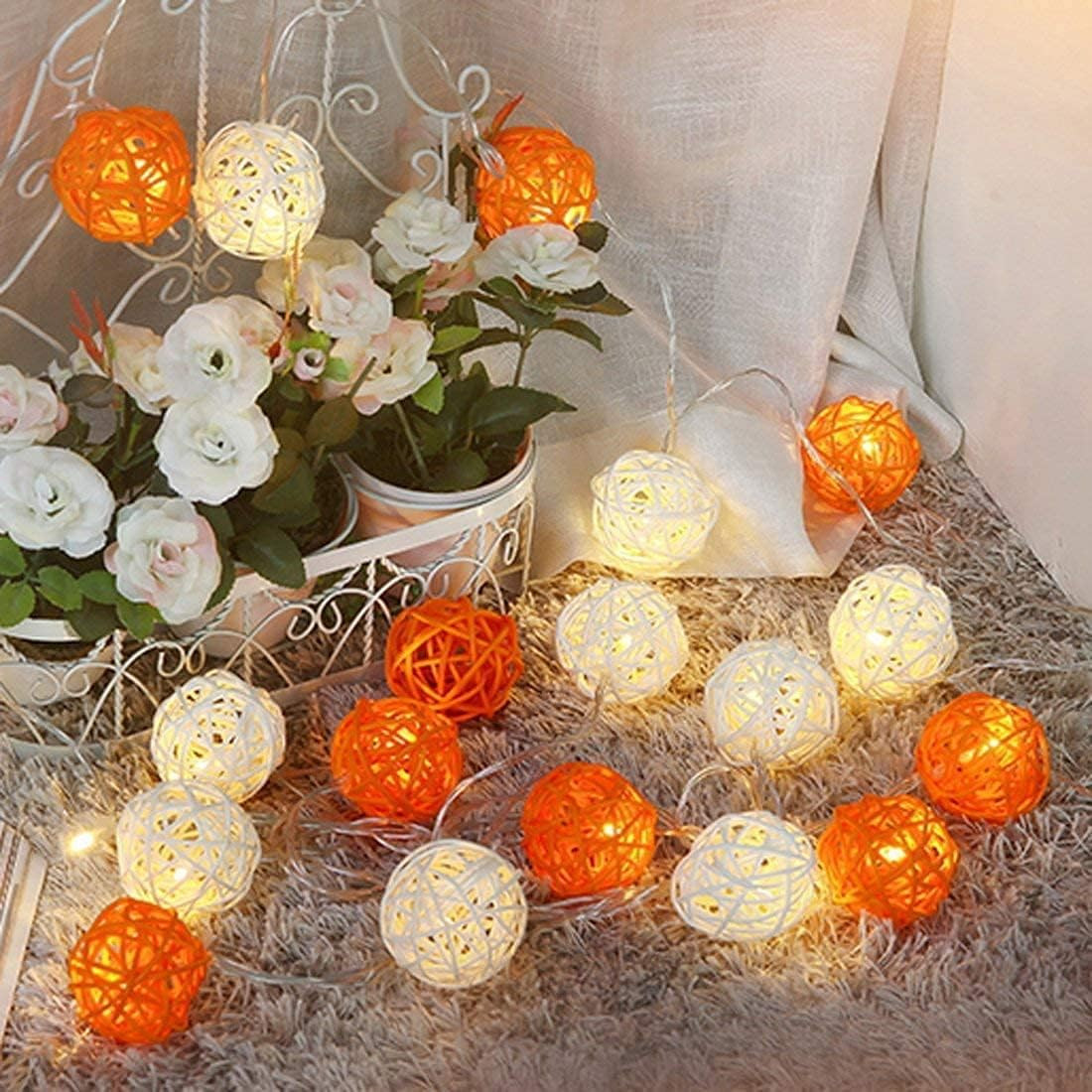V382-ORWHITERATTBALLBATT20-202504040941-00 1 Set of Orange n White 5cm Rattan Cane 20 Ball Battery Powered 3m String Lights Christmas Gift Home Wedding Party Bedroom Decoration Table Centrepiece - Image 1