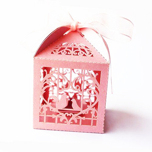 V382-PINKDOVEBOX10-71845-00 Pink Dove Bird Heart Baby Birth naming Ceremony Bomboniere Favor Lolly Gift Card Box - 10 Pack - Image 1