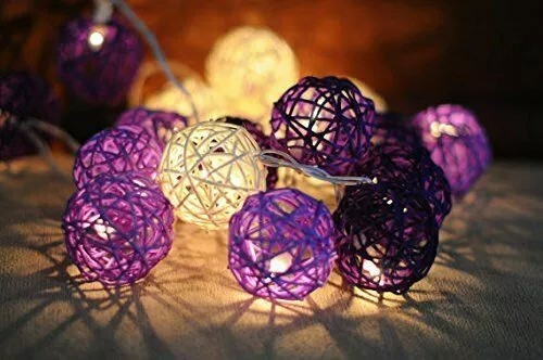 V382-PURPWHITERATTBALLBATT50-202504040942-00 1 Set of Purple n White 5cm Rattan Cane 50 Ball Battery Powered LONG 5m String Lights Christmas Gift Home Wedding Party Bedroom Decoration Table Centrepiece - Image 1