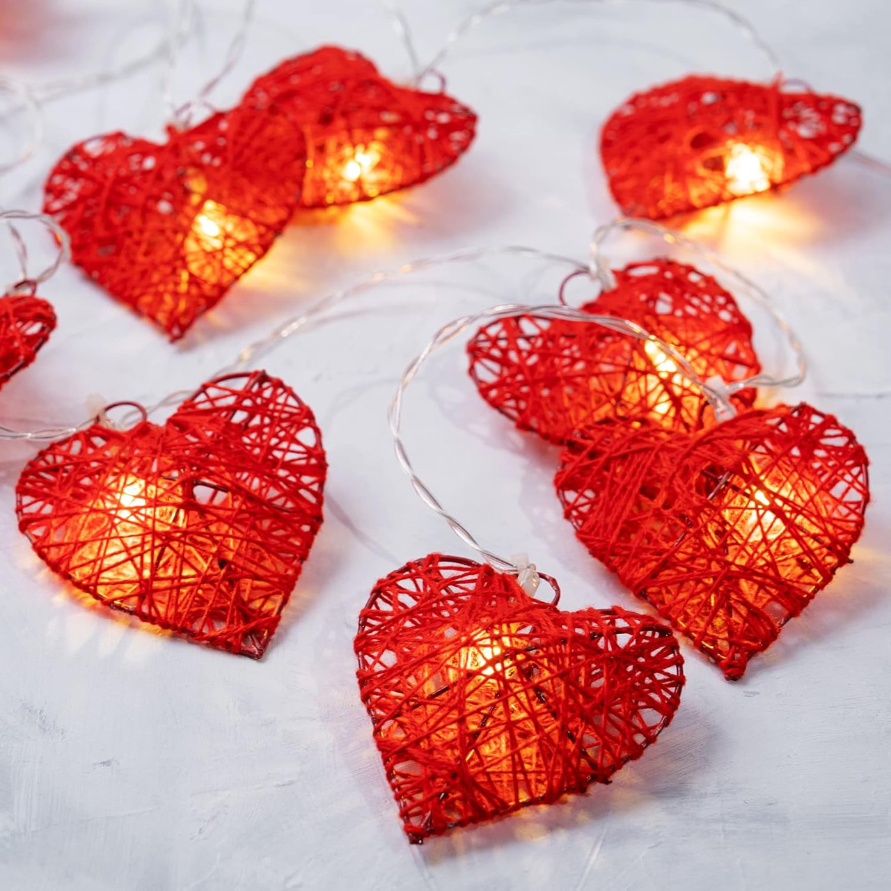 V382-REDHRTRATTBATT50-202504291105-00 50 Red 3D Hollowed Rattan Heart-Shaped 5M LONG String Fairy Lights, Battery (AA) Indoor & Outdoor Decorations Wedding Valentines Romantic Room Table Lighting - Image 1