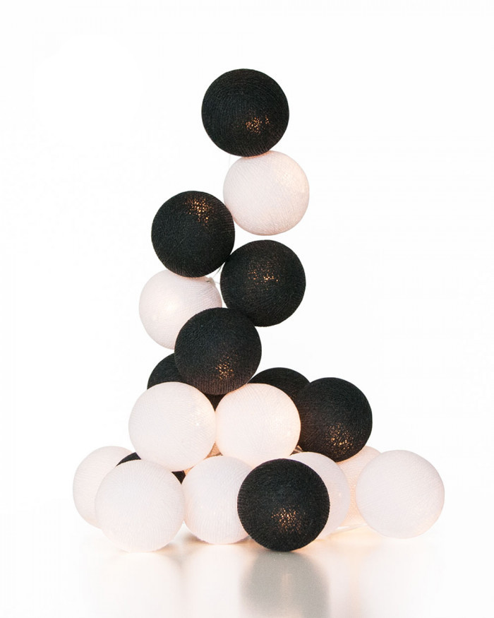 V382-WHITEBLACKBALLBATT20-68322-00 1 Set of 20 LED Black White 5cm Cotton Ball Battery Powered String Lights Xmas Gift Home Wedding Party Bedroom Decoration Outdoor Indoor Table Centrepiece - Image 1
