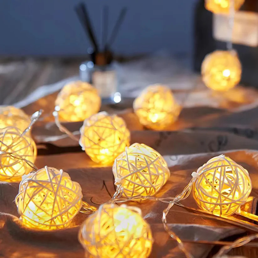 V382-YELLOWRATTBALLBATT50-202504040945-00 1 Set of Yellow 5cm Rattan Cane 50 Ball Battery Power LONG 5m String Lights Christmas Gift Home Wedding Party Bedroom Decoration Table Centrepiece - Image 1