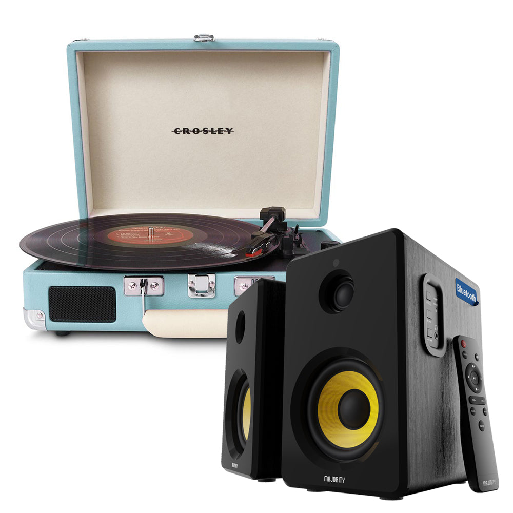 V398-CR8005FMY-TU4-202504301904-00 Crosley Cruiser Bluetooth Portable Turntable - Turquoise + Bundled Majority D40X Bluetooth Speakers - Image 1