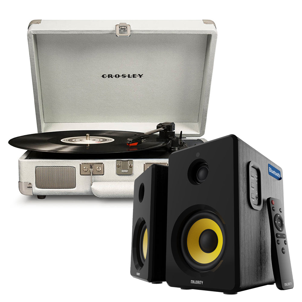 V398-CR8005FMY-WS4-202504241043-00 Crosley Cruiser Bluetooth Portable Turntable - White Sands + Bundled Majority D40X Bluetooth Speakers - Image 1