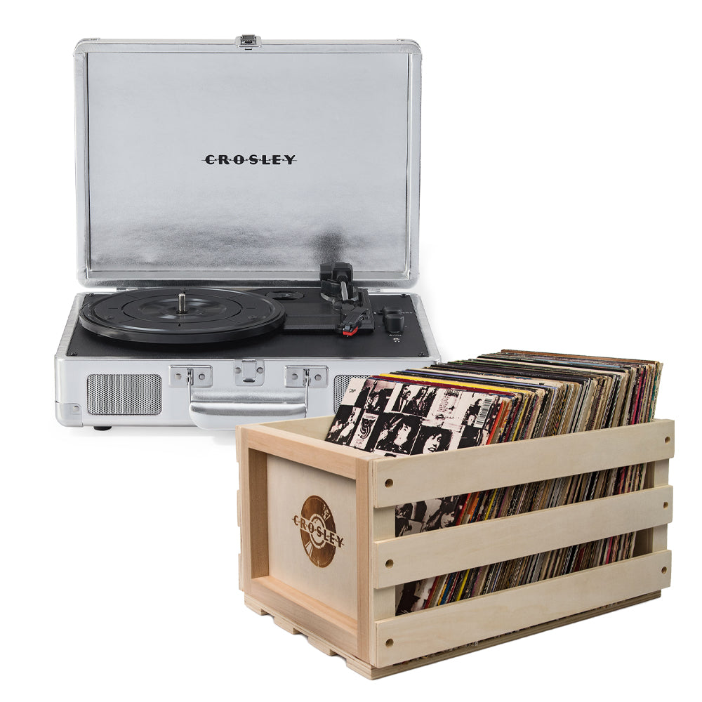 V398-CR8005FSC-SI4-202506051206-00 Crosley Cruiser Bluetooth Portable Turntable - Silver + Bundled Crosley Record Storage Crate - Image 1