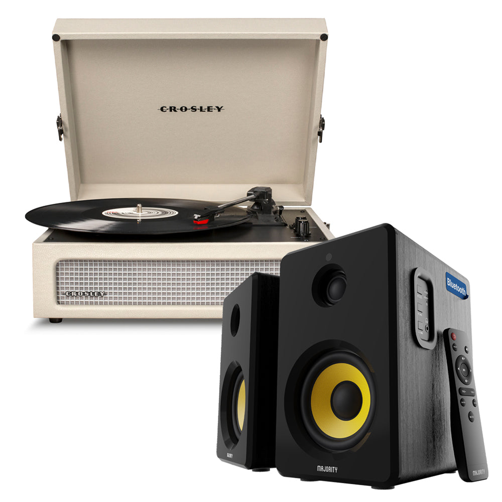 V398-CR8017BMY-DU4-202505051325-00 Crosley Voyager Bluetooth Portable Turntable - Dune + Bundled Majority D40X Bluetooth Speakers - Black - Image 1