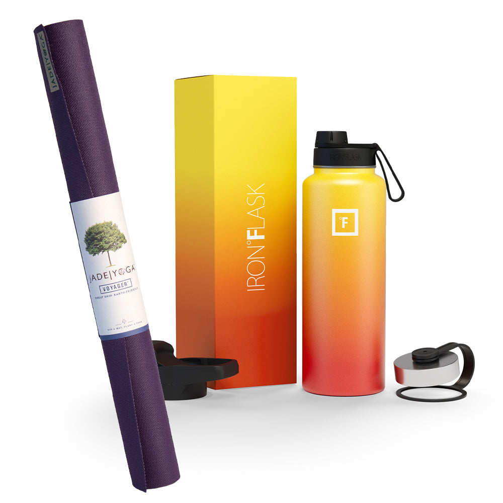 V398-JY-668P-IFB-95369-00 Jade Yoga Voyager Mat - Purple & Iron Flask Wide Mouth Bottle with Spout Lid, Fire, 32oz/950ml Bundle - Image 1