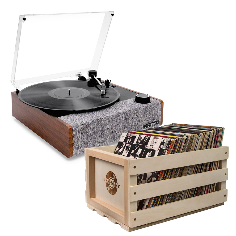 V398-VTA-74-WLN-BSC-202506051213-00 Victrola Eastwood II Turntable - Walnut + Bundled Record Storage Crate - Image 1
