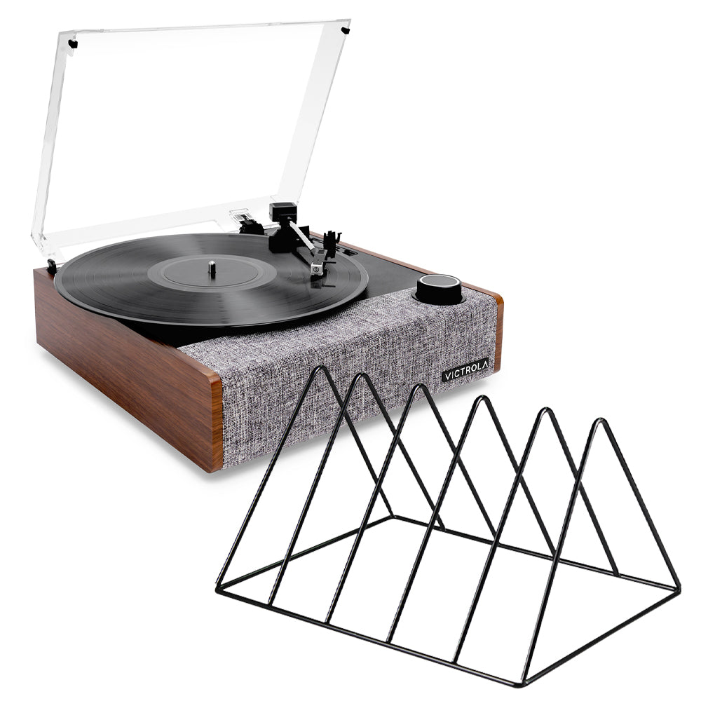 V398-VTR-74-WLN-VR-202506051212-00 Victrola Eastwood II Turntable - Walnut + Gadhouse Vinyl Rack Bundle - Black - Image 1