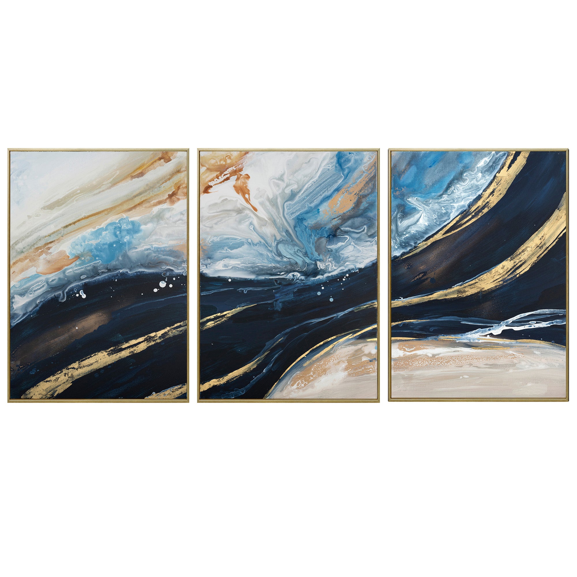 V411-SOK-HMTWF-12459W-SET-90168-00 150X70cm Set of 3 Gold Framed Hand Painted Canvas Wall Art - Image 1