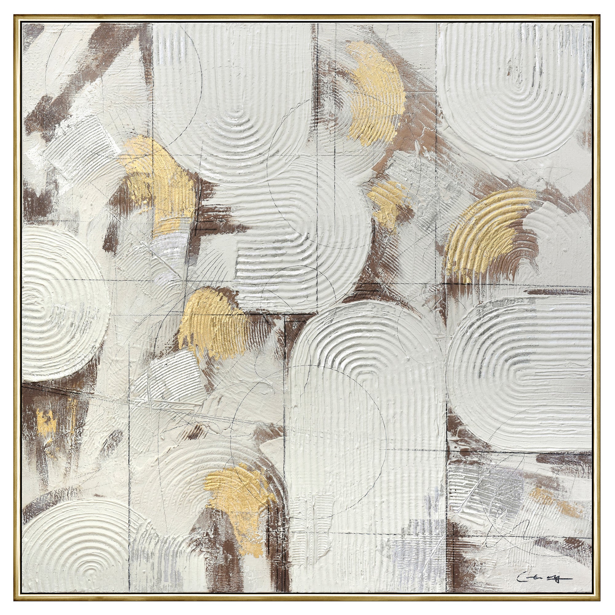 V411-SOK-HMTWF-14740D-90152-00 100X100cm Soft Essence Gold Framed Hand Painted Canvas Wall Art - Image 1