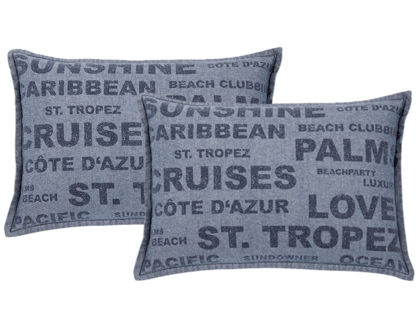 V416-446251SUPK2-142229-00 Pack of 2 Denim Sunshine Wording Cushion Cover Cruises, Caribbean, Love etc - Image 1