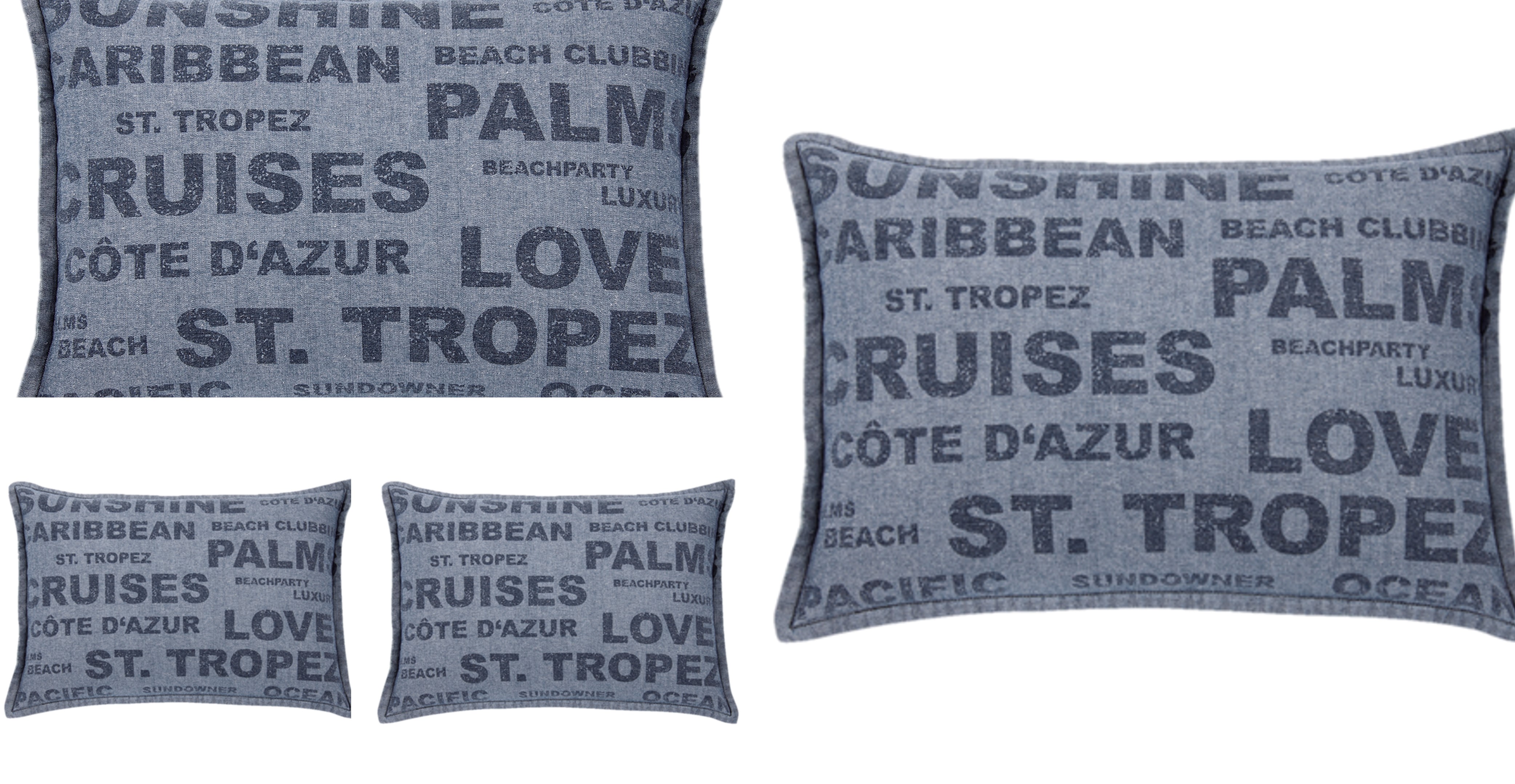 V416-446251SUPK4-142228-00 Pack of 4 Denim Sunshine Wording Cushion Cover Cruises, Caribbean, Love etc - Image 1