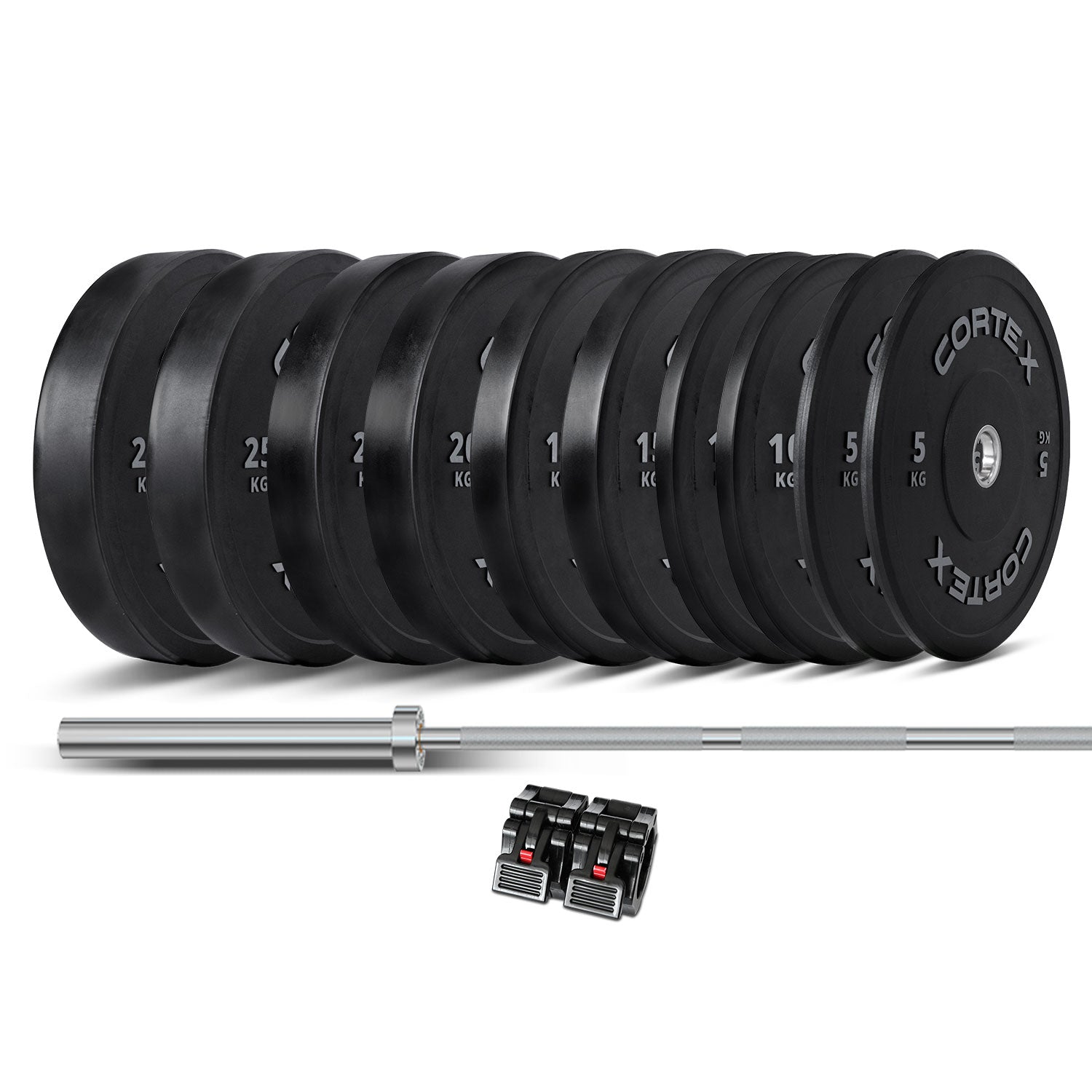 V420-CSWP-OBPV2ST-C-95020-00 CORTEX 170kg Black Series V2 Rubber Olympic Bumper Plate Set 50mm with SPARTAN205 Barbell - Image 1