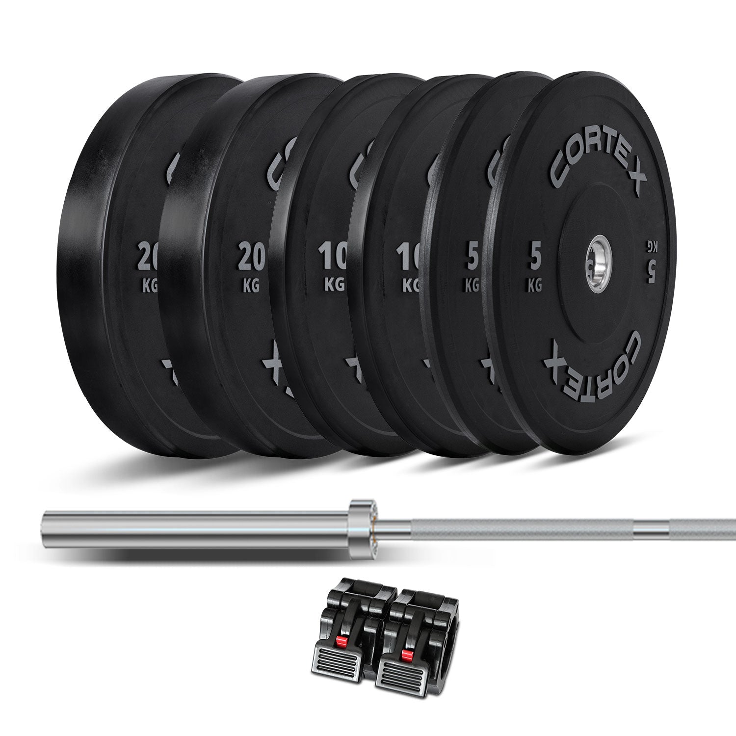 V420-CSWP-OBPV2ST-G-95024-00 CORTEX 90kg Black Series V2 Rubber Olympic Bumper Plate Set 50mm with SPARTAN100 Barbell - Image 1