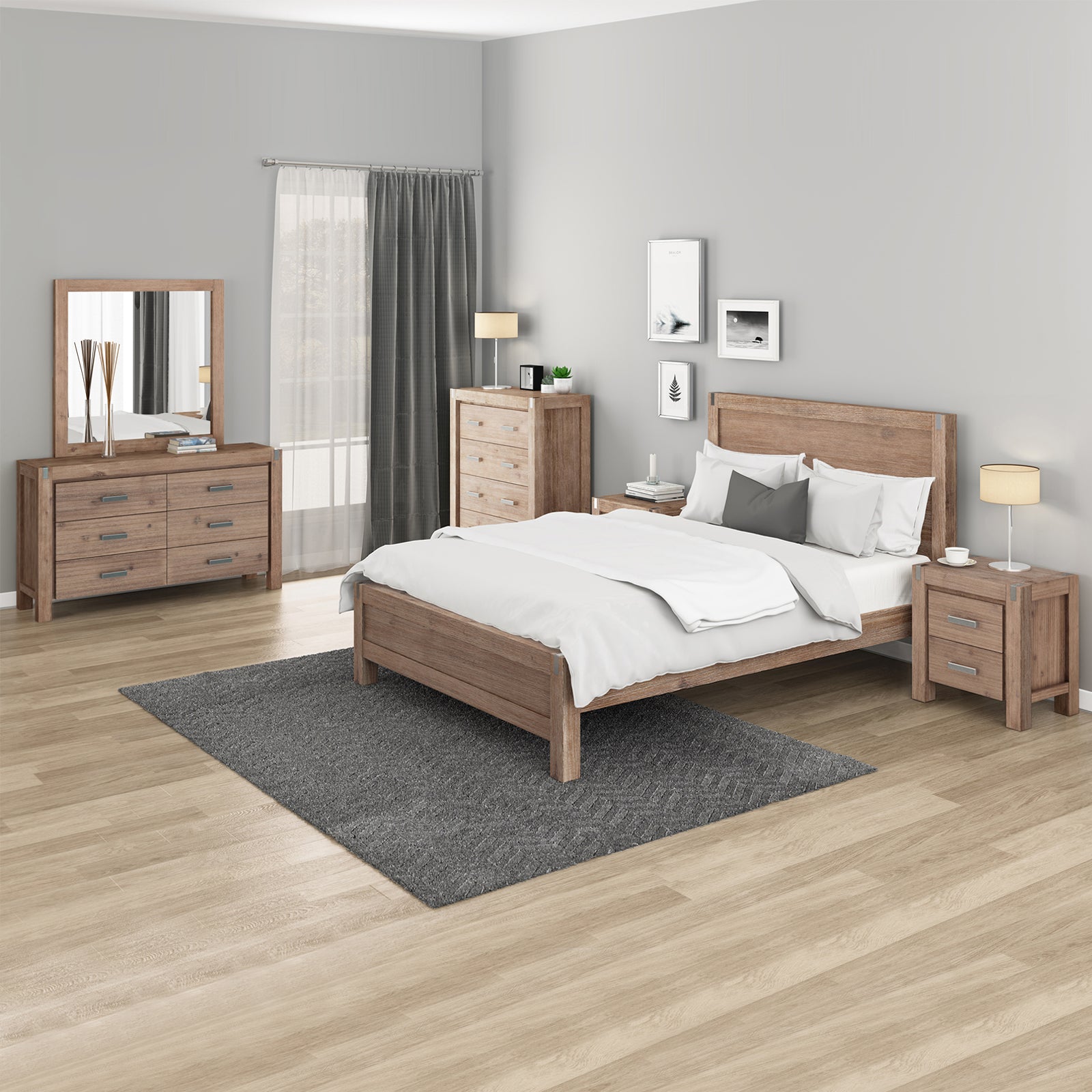 V43-BDS-NOW-5PC-TBY-DRS-KSOK-202505131835-00 5 Pieces Bedroom Suite in Solid Wood Veneered Acacia Construction Timber Slat King Single Size Oak Colour Bed, Bedside Table , Tallboy & Dresser - Image 1