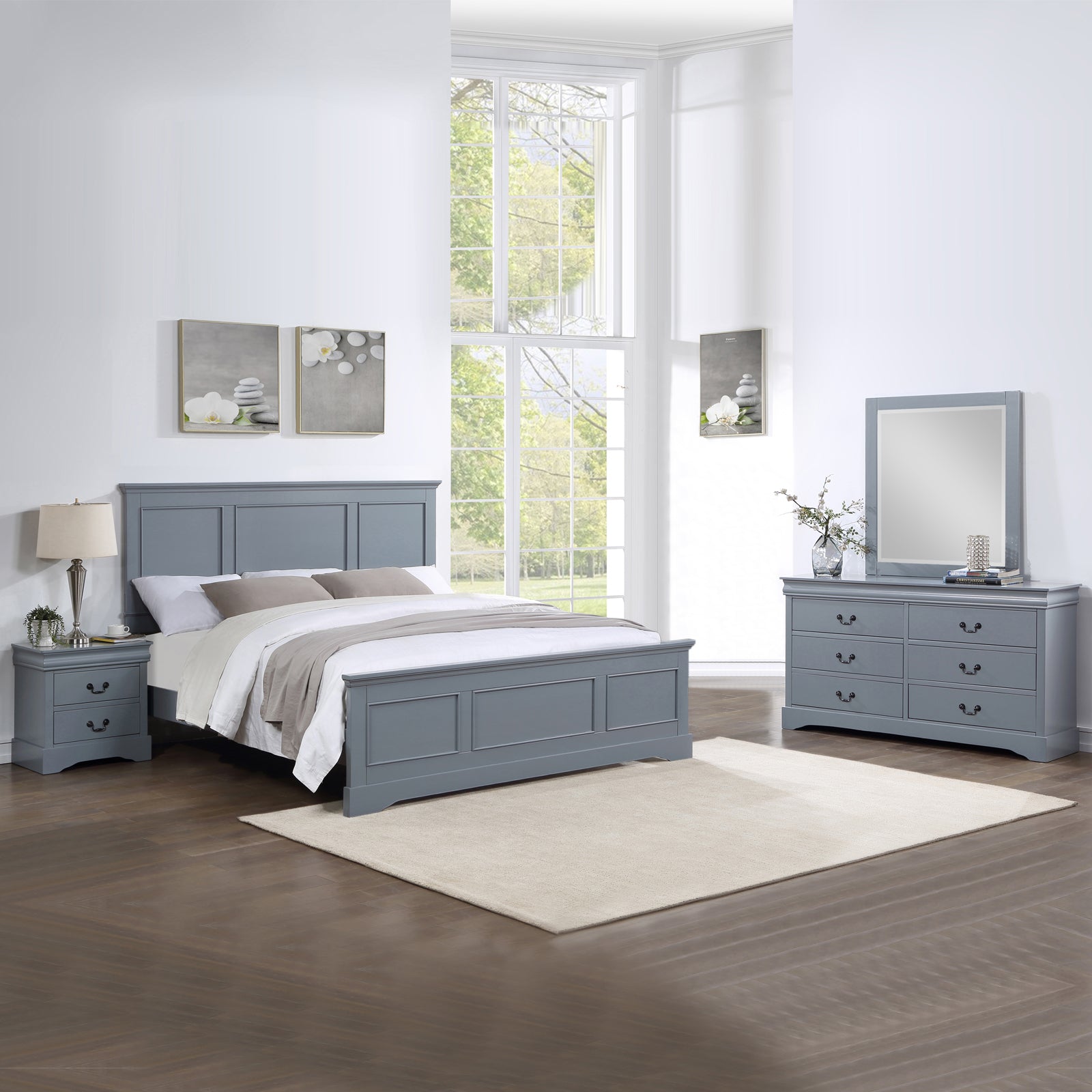 V43-BDS-SPNC-4PC-DRS-Q-202505131835-00 4 Pieces Bedroom Suite in Solid Wood & MDF Queen Size Grey Colour Bed, Bedside Table & Dresser - Image 1