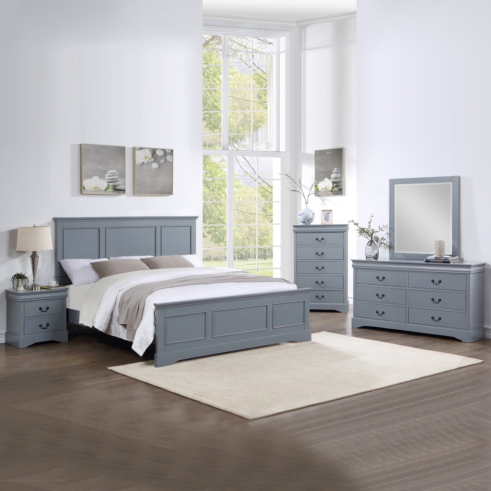 V43-BDS-SPNC-5PC-TBY-DRS-Q-202505131836-00 5 Pieces Bedroom Suite in Solid Wood & MDF Queen Size Grey Colour Bed, Bedside Table, Dresser & Tallboy - Image 1
