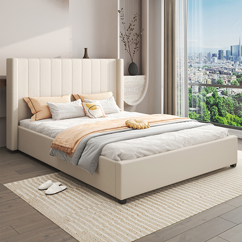 V43-BED-ALEX-KBG-204504-00 King Size High Rise Headboard Linen Beige Fabric Four MDF Drawers with Wheels Bed Frame - Image 1