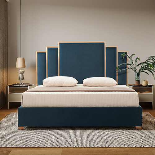 V43-BED-AUS-KBU-144753-00 Austin Bed Frame Polyester Turquoise Fabric Padded Upholstery High Quality Slats Polished Stainless Steel Feet - Image 1