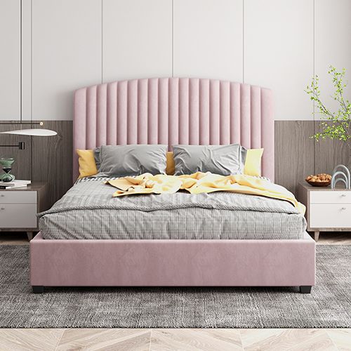V43-BED-CAM-DPN-191585-00 Camelia Double Size Bed Frame Pink Velvet Upholstery High Headboard Quality Slats Metal Structure - Image 1