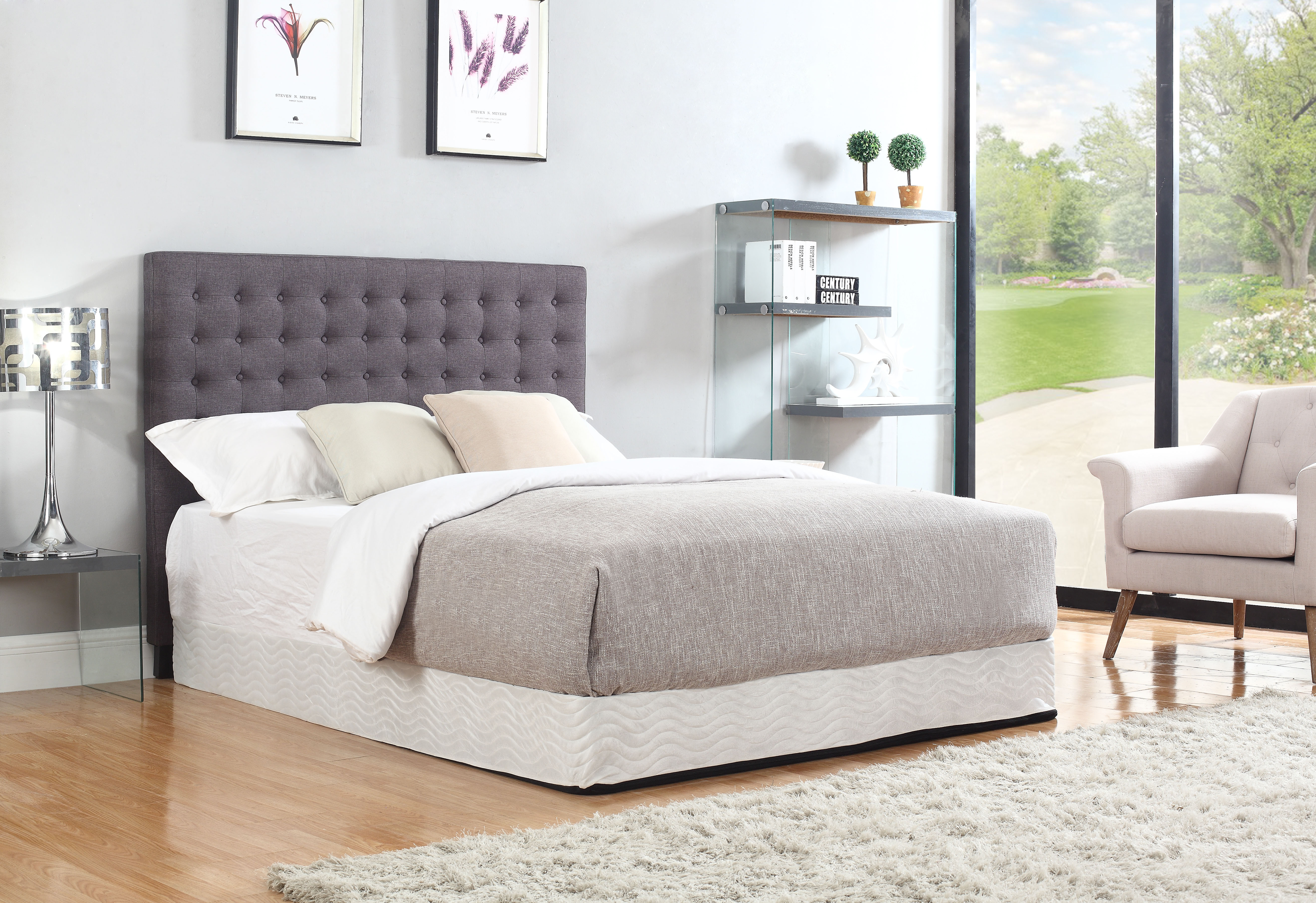 V43-BED-CILNKCH-10073-00 Bed Head King Charcoal Headboard Upholstery Fabric Tufted Buttons - Image 1