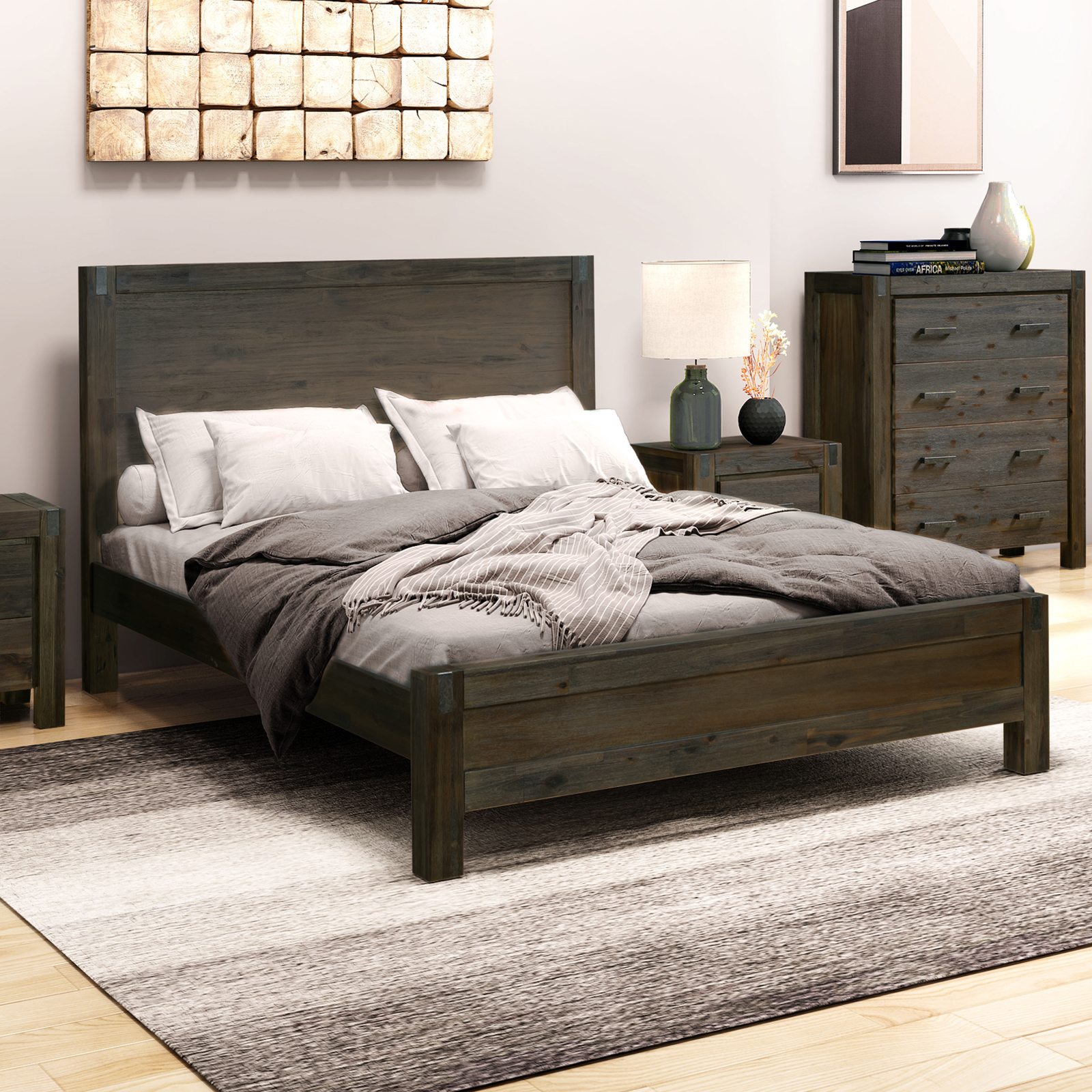 V43-BED-NOWQCH-14863-00 Bed Frame Queen Size in Solid Wood Veneered Acacia Bedroom Timber Slat in Chocolate - Image 1