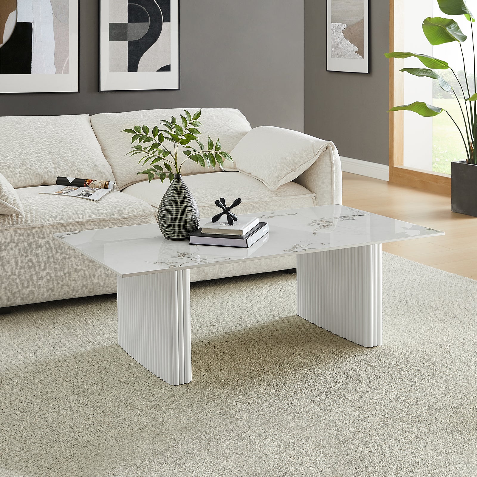 V43-CT-SCRL-202505131811-00 Coffee Table Sintered Stone Top MDF Table Base Glossy White - Image 1