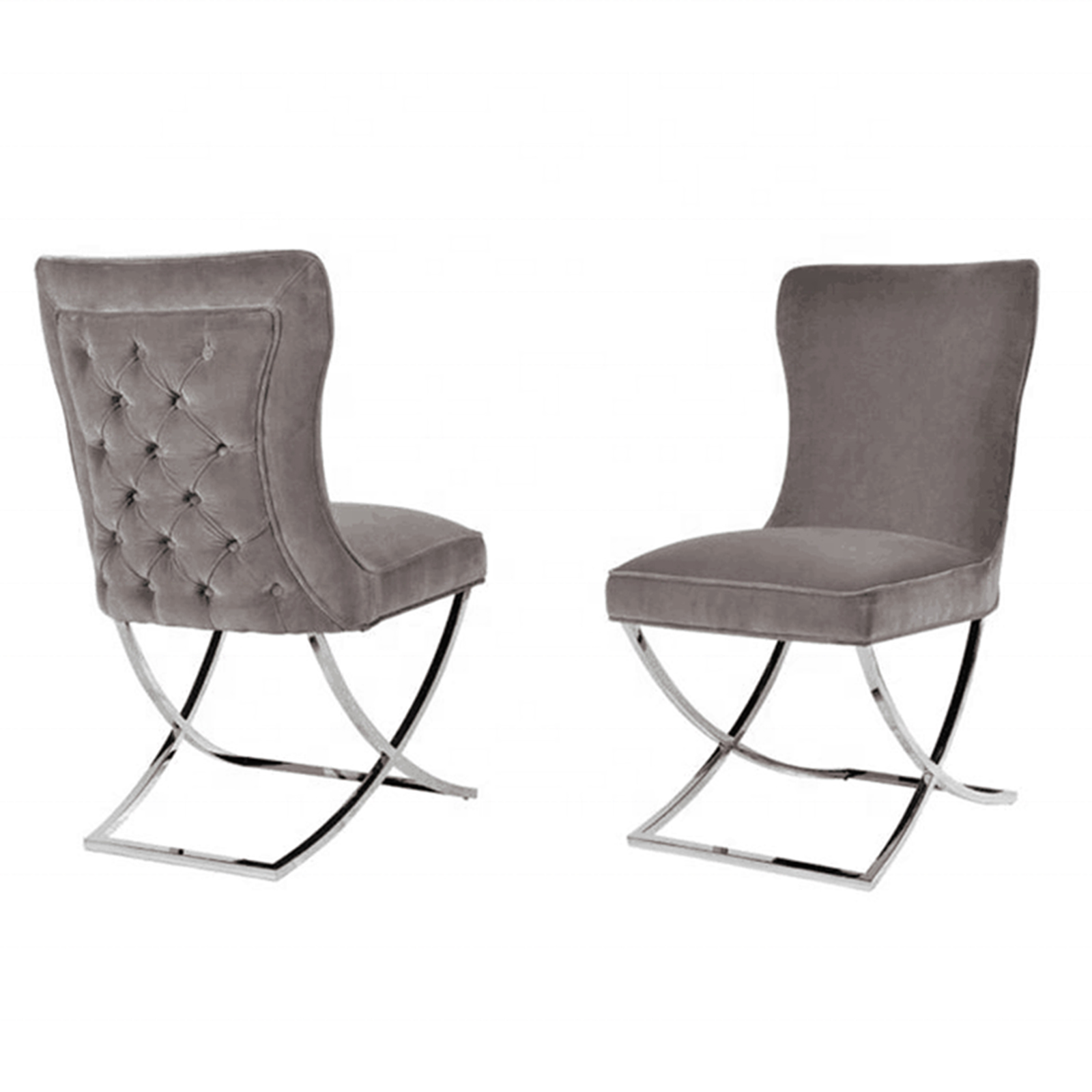 V43-DC-PRDS-DC-PRDS-01-00 2X Dining Chair Grey Fabric Upholstery Beautiful Quilting Shiny Silver Colour Legs - Image 1