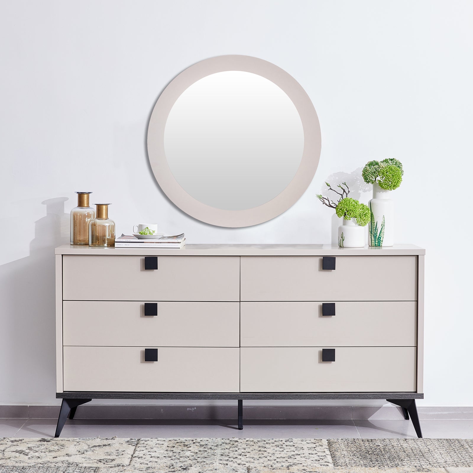 V43-DRS-MAXL-202505131812-00 Dressing Chest With 6 Storage Drawers MDF Mirror Combination of Champagne and Black Colour - Image 1