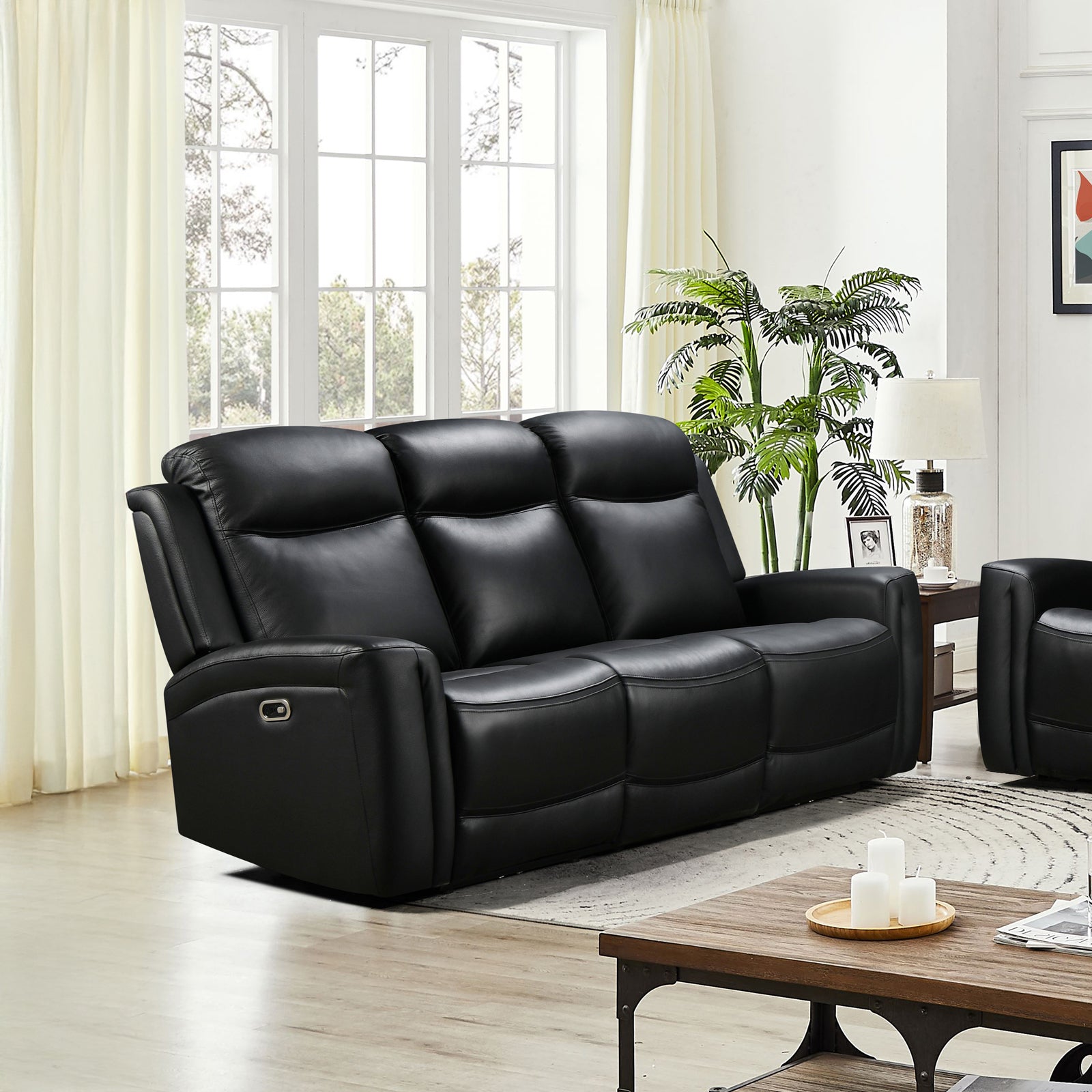 V43-REC-FNX3RBL-202505051035-00 3 Seater Electric Leather/PVC Black Recliner - Image 1