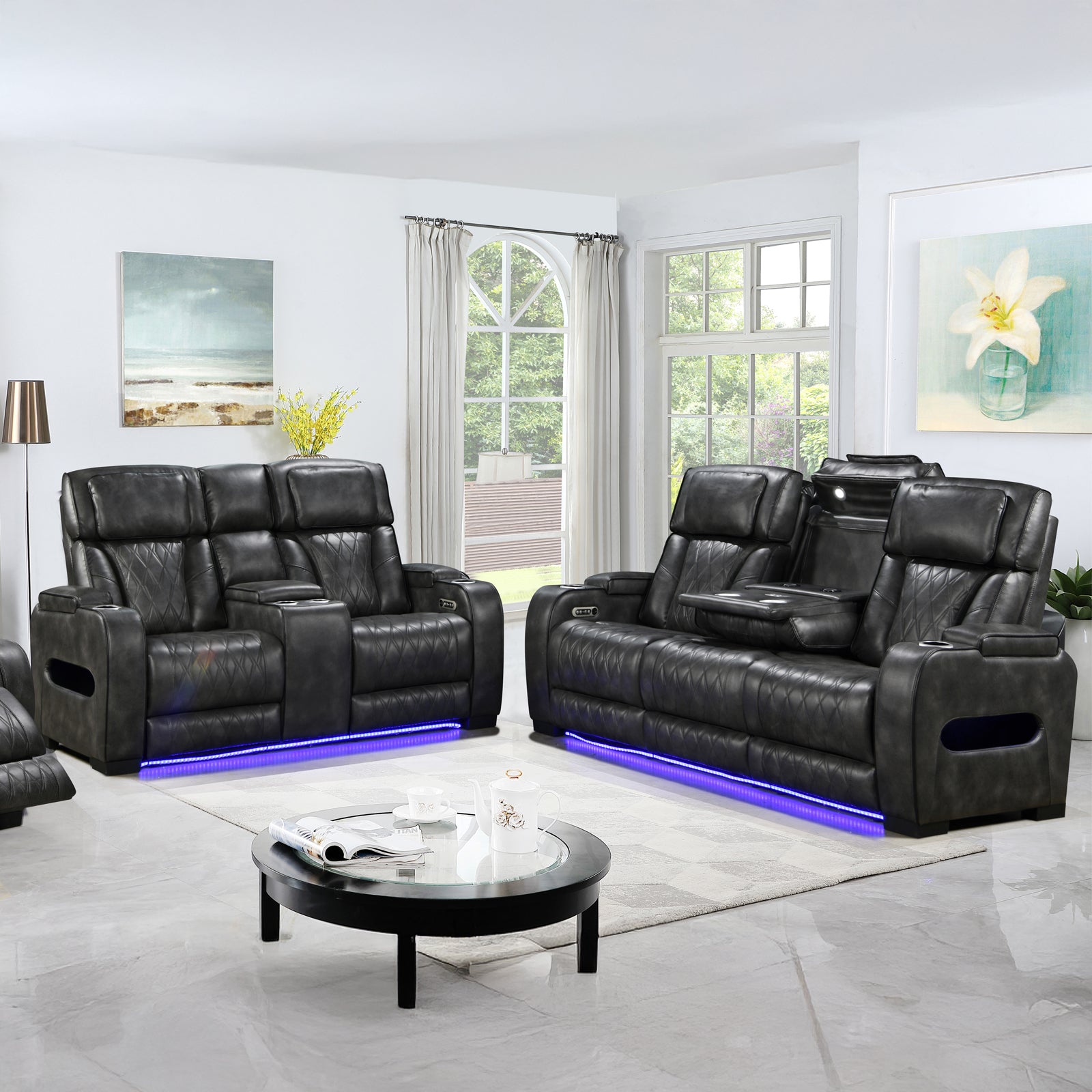 V43-SET-EMP-3R-2RGR-202505051033-00 3-2 Seater Electric Air Leather Dark Grey Recliner Set - Image 1