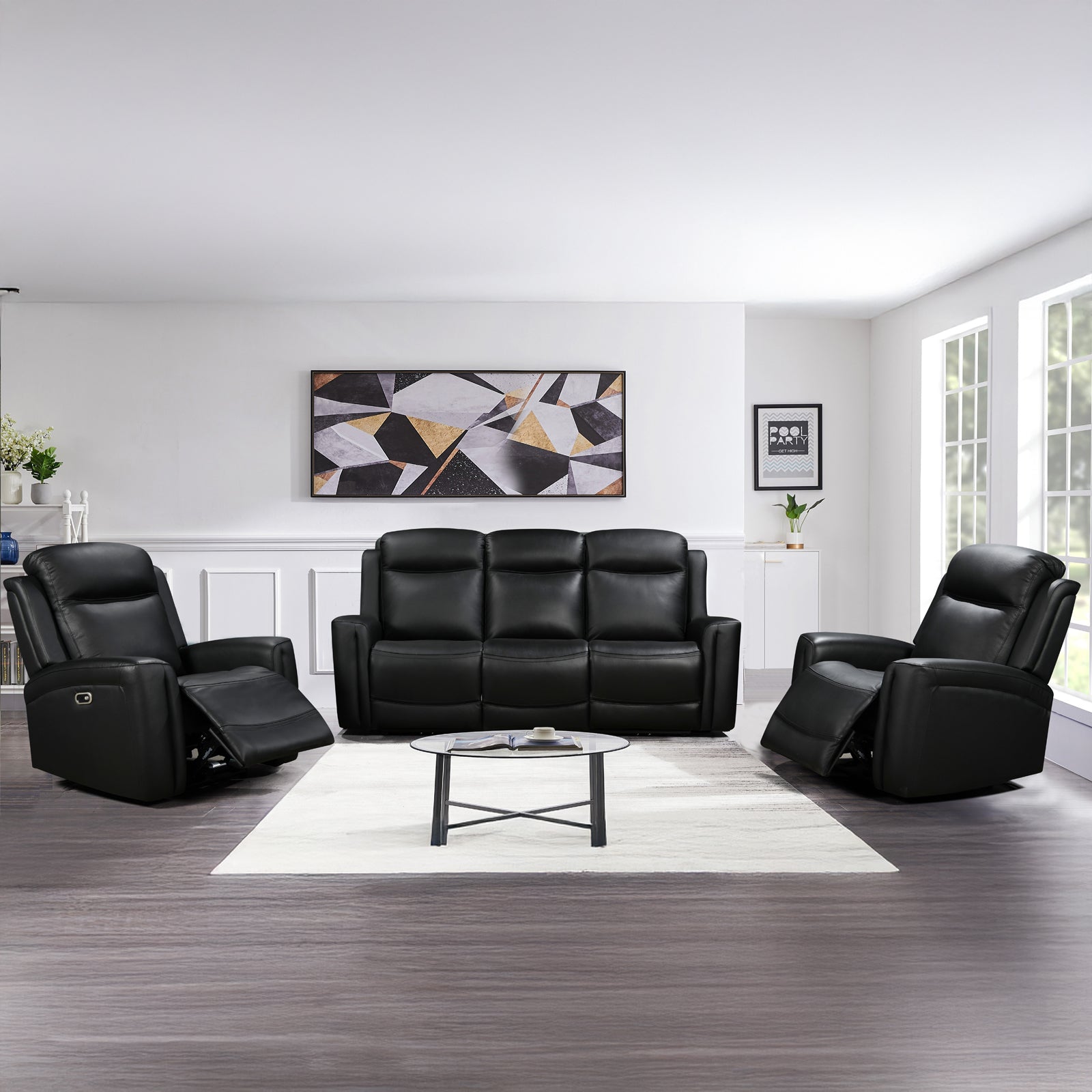 V43-SET-FNX-3R-1R-1RBL-202505051100-00 3-1-1 Seater Electric Leather/PVC Black Recliner Set - Image 1
