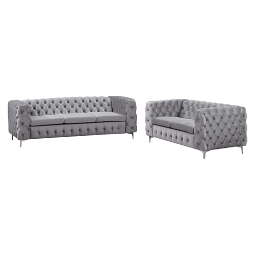 V43-SET-JAQS-3_2-GR-01_4 3+2 Seater Sofa Classic Button Tufted Lounge in Grey Velvet Fabric with Metal Legs - Image 1