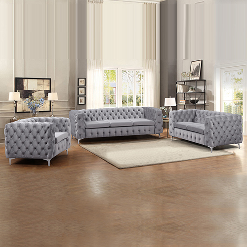 V43-SET-JAQS-3_2_1-GR-01_4 3+2+1 Seater Sofa Classic Button Tufted Lounge in Grey Velvet Fabric with Metal Legs - Image 1