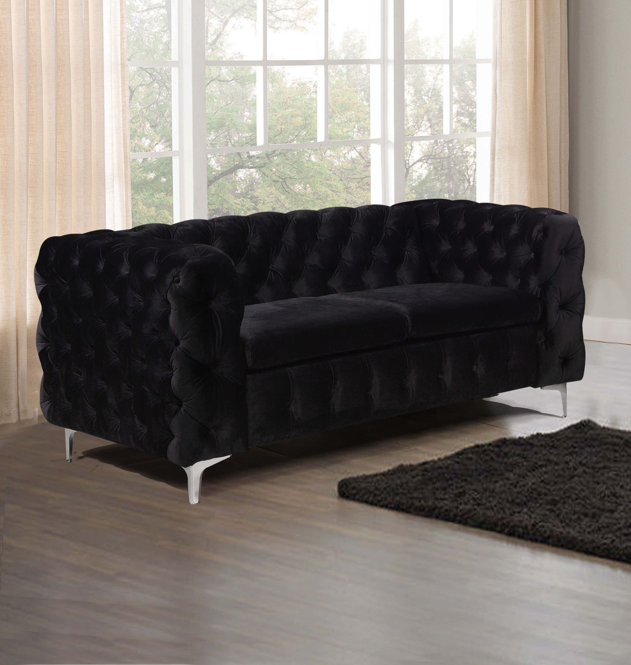 V43-SOF-JAQS2SBL-81825-00 2 Seater Sofa Classic Button Tufted Lounge in Black Velvet Fabric with Metal Legs - Image 1