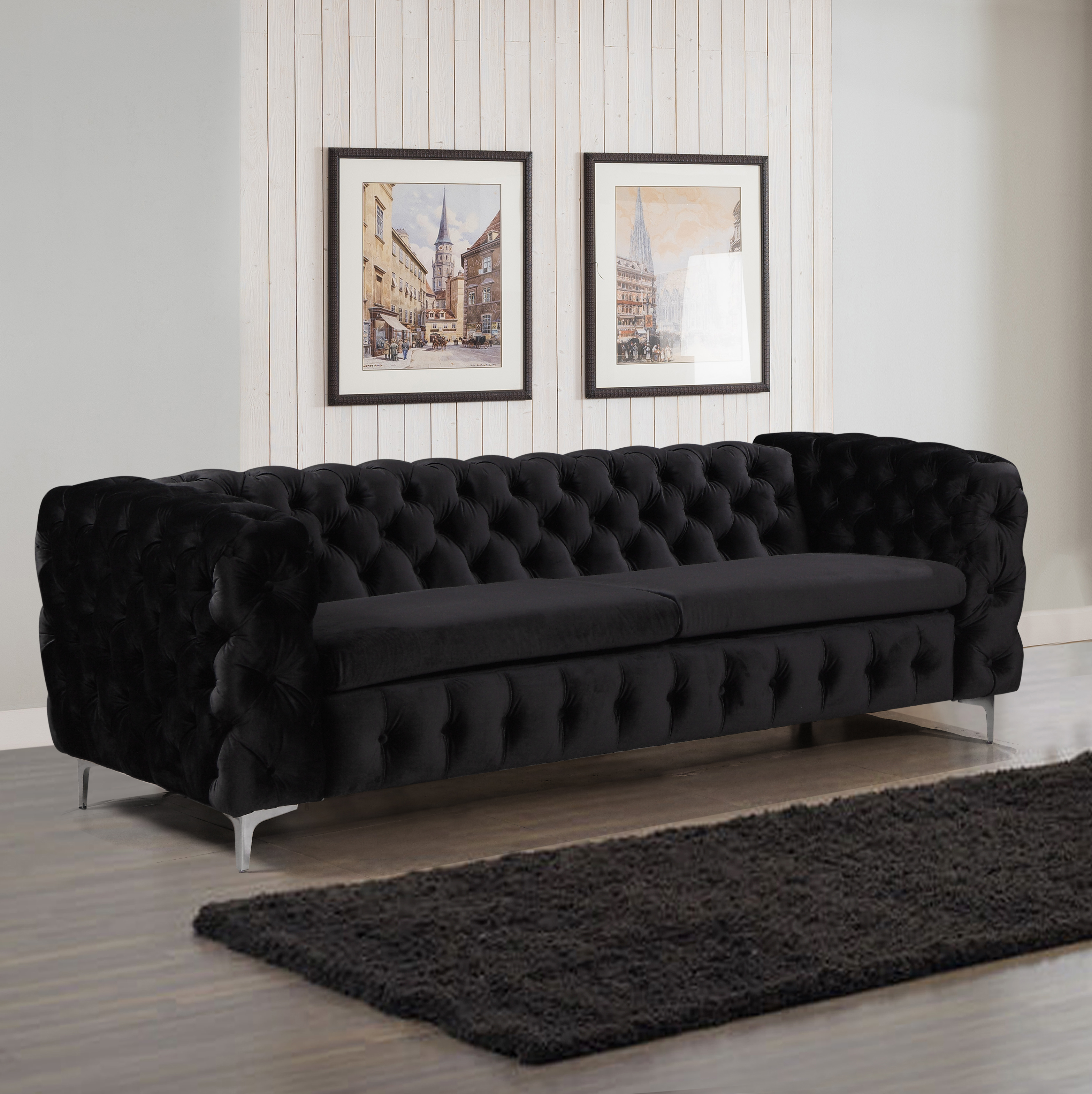 V43-SOF-JAQS3SBL-81824-00 3 Seater Sofa Classic Button Tufted Lounge in Black Velvet Fabric with Metal Legs - Image 1
