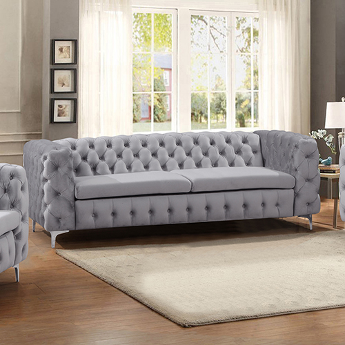 V43-SOF-JAQS3SGR-24468-00 3 Seater Sofa Classic Button Tufted Lounge in Grey Velvet Fabric with Metal Legs - Image 1