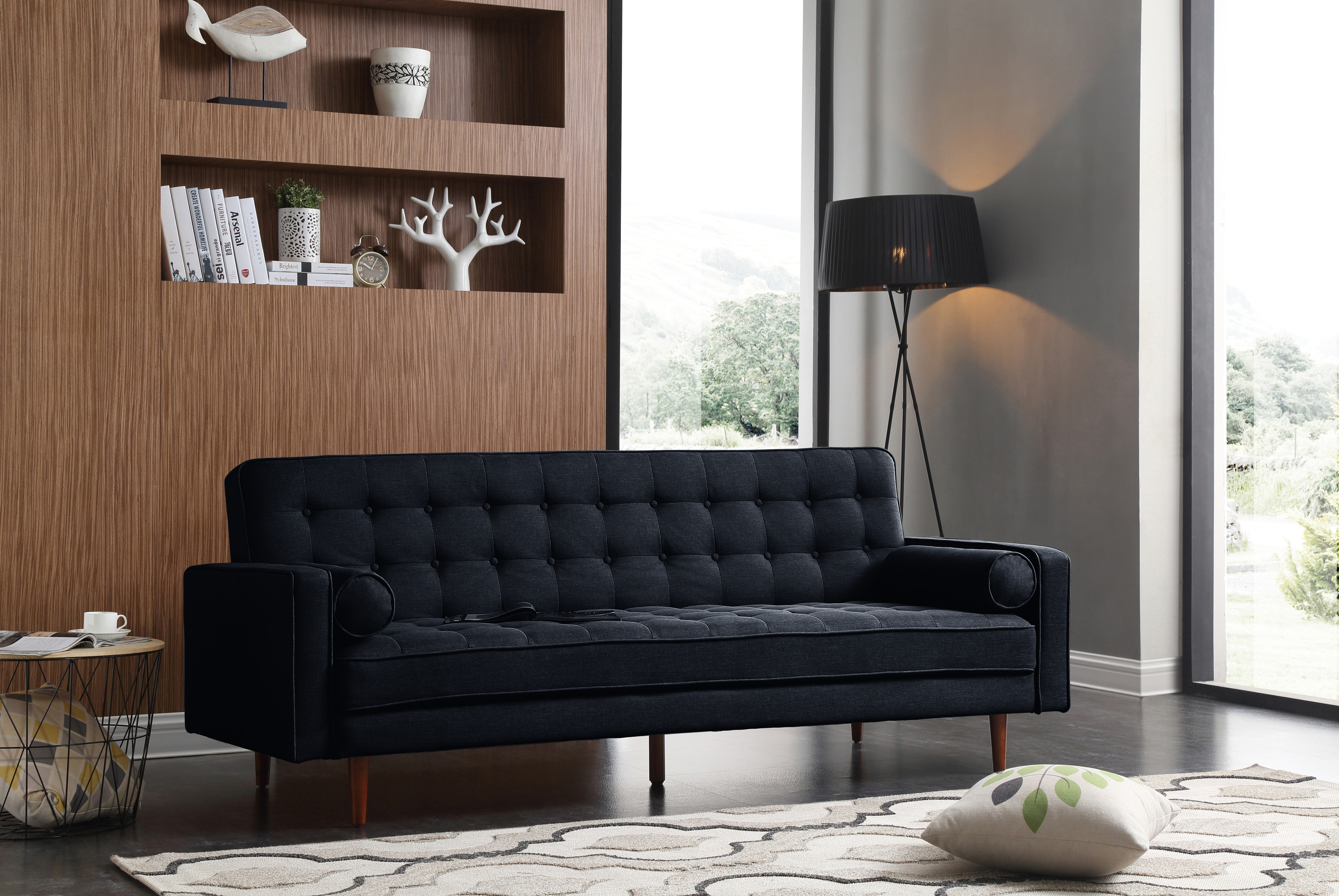 V43-SOF-MARC-BL-01-00 Sofa Bed 3 Seater Button Tufted Lounge Set for Living Room Couch in Velvet Black Colour - Image 1