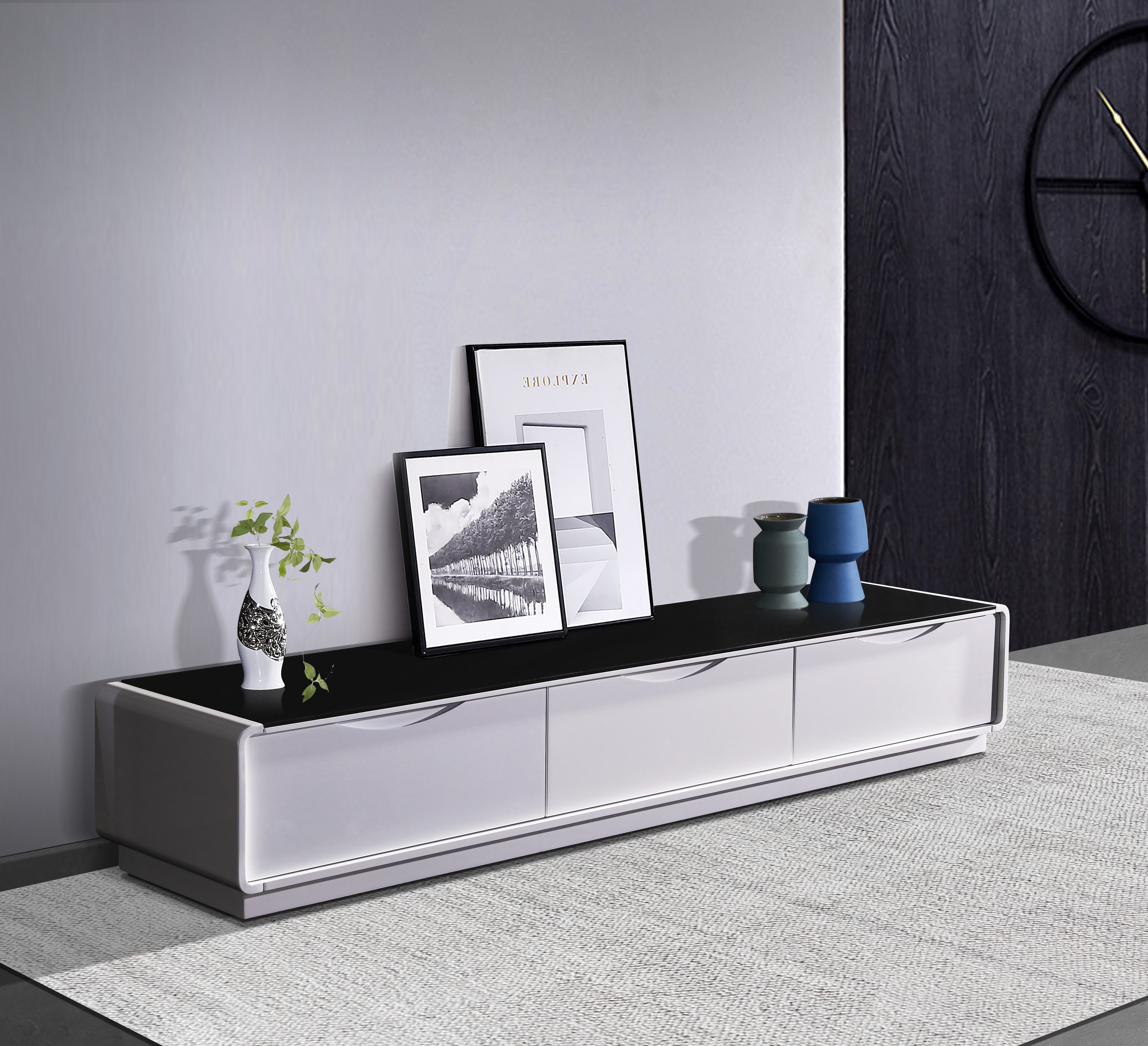 V43-TVC-MET-BW-21833-00 TV Cabinet with 3 Storage Drawers With High Glossy Assembled Entertainment Unit in Black & White colour - Image 1