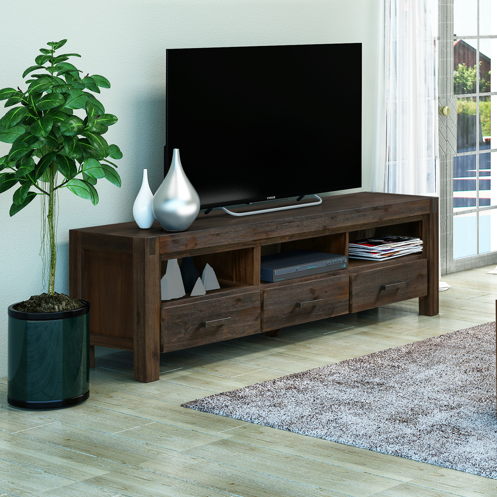 V43-TVC-NOW-CH-81820-00 TV Cabinet with 3 Storage Drawers with Shelf Solid Acacia Wooden Frame Entertainment Unit in Chocolate Colour - Image 1