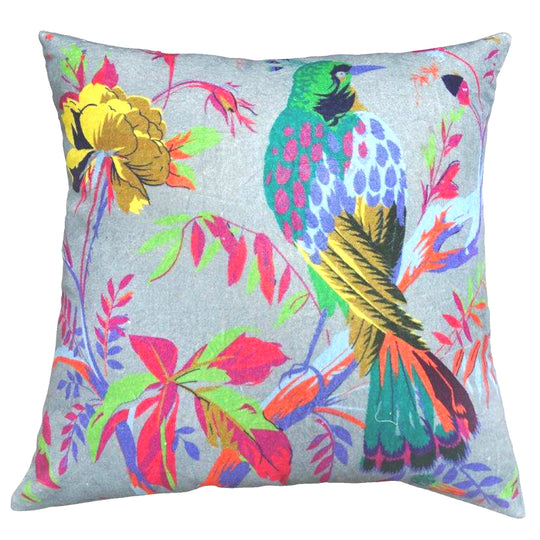V430-MAL-539-70673-00 Grey cotton velvet bird design cushion cover 45x45 cm - Image 1