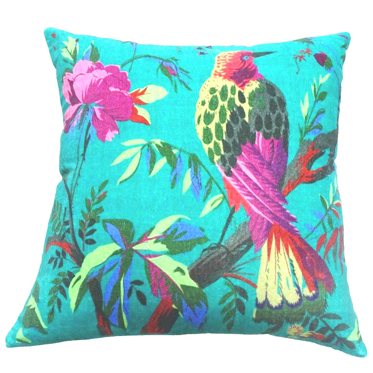 V430-MAL-541-70674-00 Dark turquoise bird design velvet cushion cover 45x45 cm - Image 1