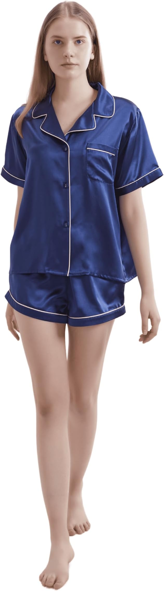 V439-2PJSILKNBM-218294-00 Silk Short Pyjama Set - Navy Blue, Medium - Soft & Luxurious Sleepwear for Relaxation - Breathable Comfort for Restful Nights - Image 1