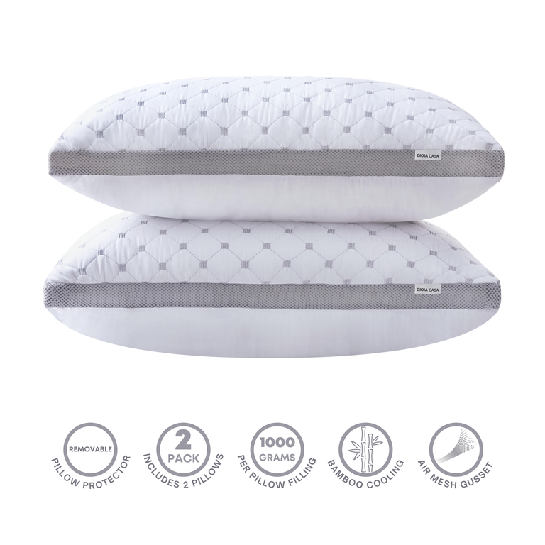 V439-BAMBOOP2-72342-00 Luxury Bamboo Cooling Twin pack plush down-like pillows with 2 bonus quilted waterproof pillow protectors - Image 1