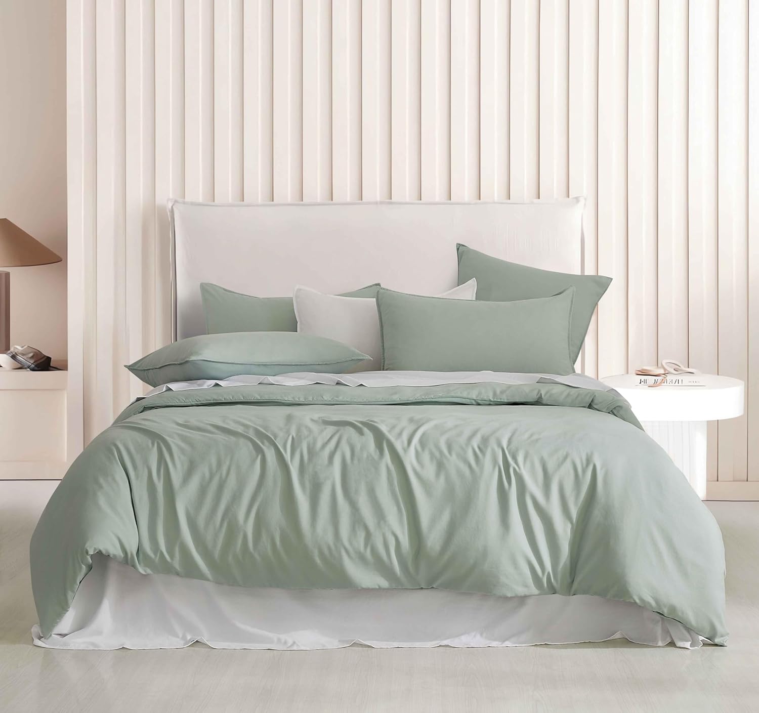 V439-BQSSAGEWM-218388-00 Vintage Washed Microfibre Quilt Cover Set (Sage, Double) - Image 1