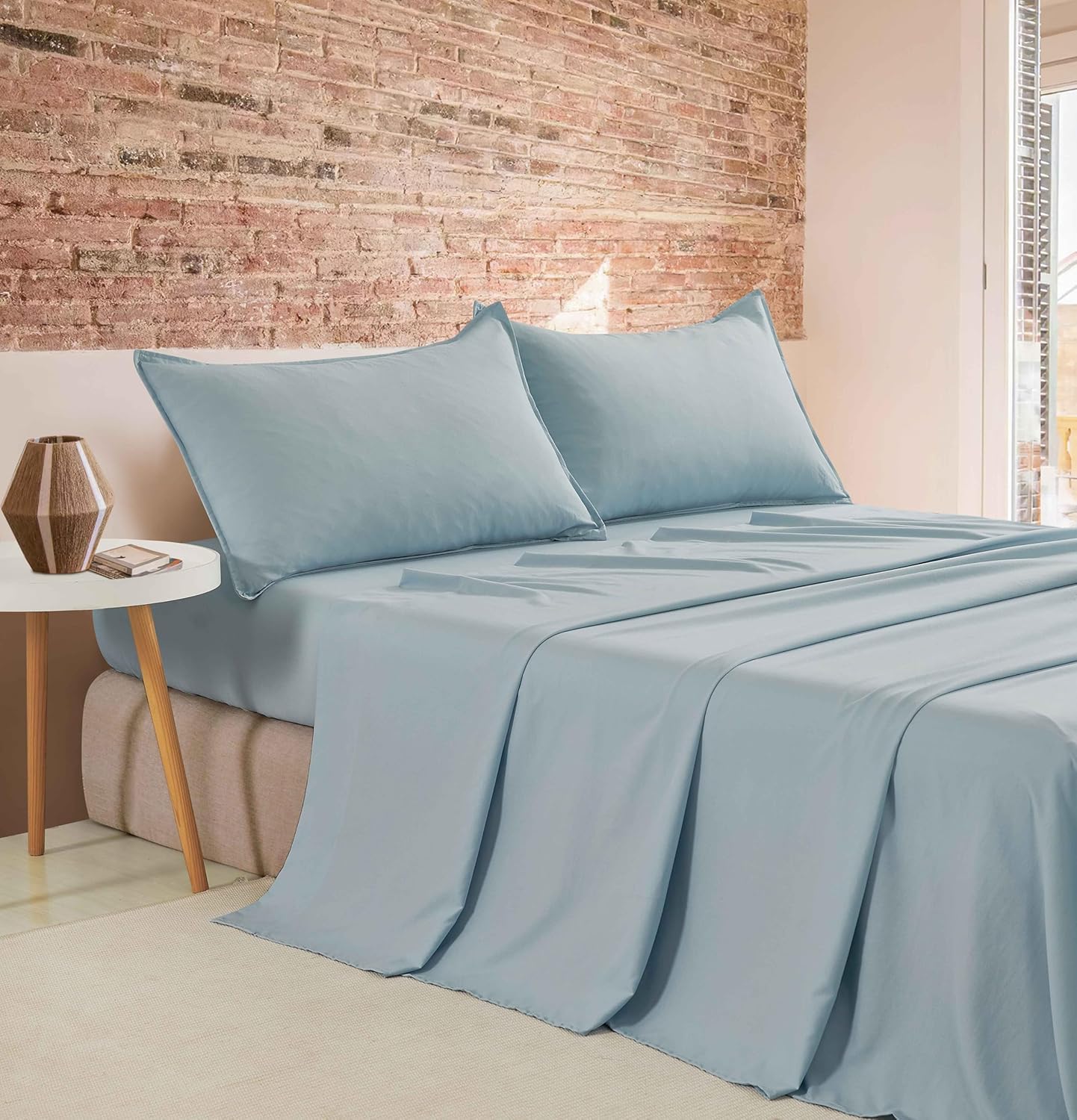 V439-BSSTBLUEWM-218356-00 Vintage Washed Microfibre Sheet Set (Blue, Double) - Image 1