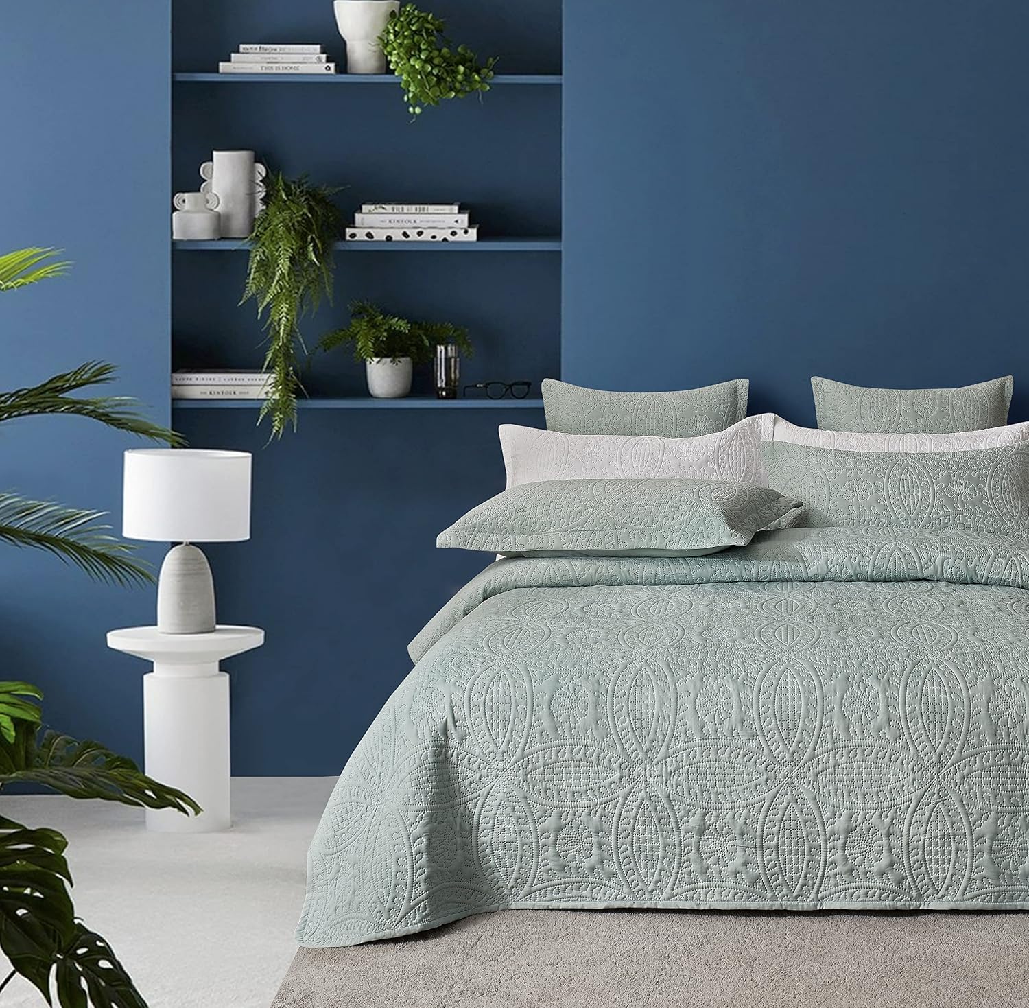 V439-CCOVERLETSG-72335-00 Lisbon Quilted 3-Piece Embossed Coverlet Set (Sage Green, Double/Queen) - Image 1