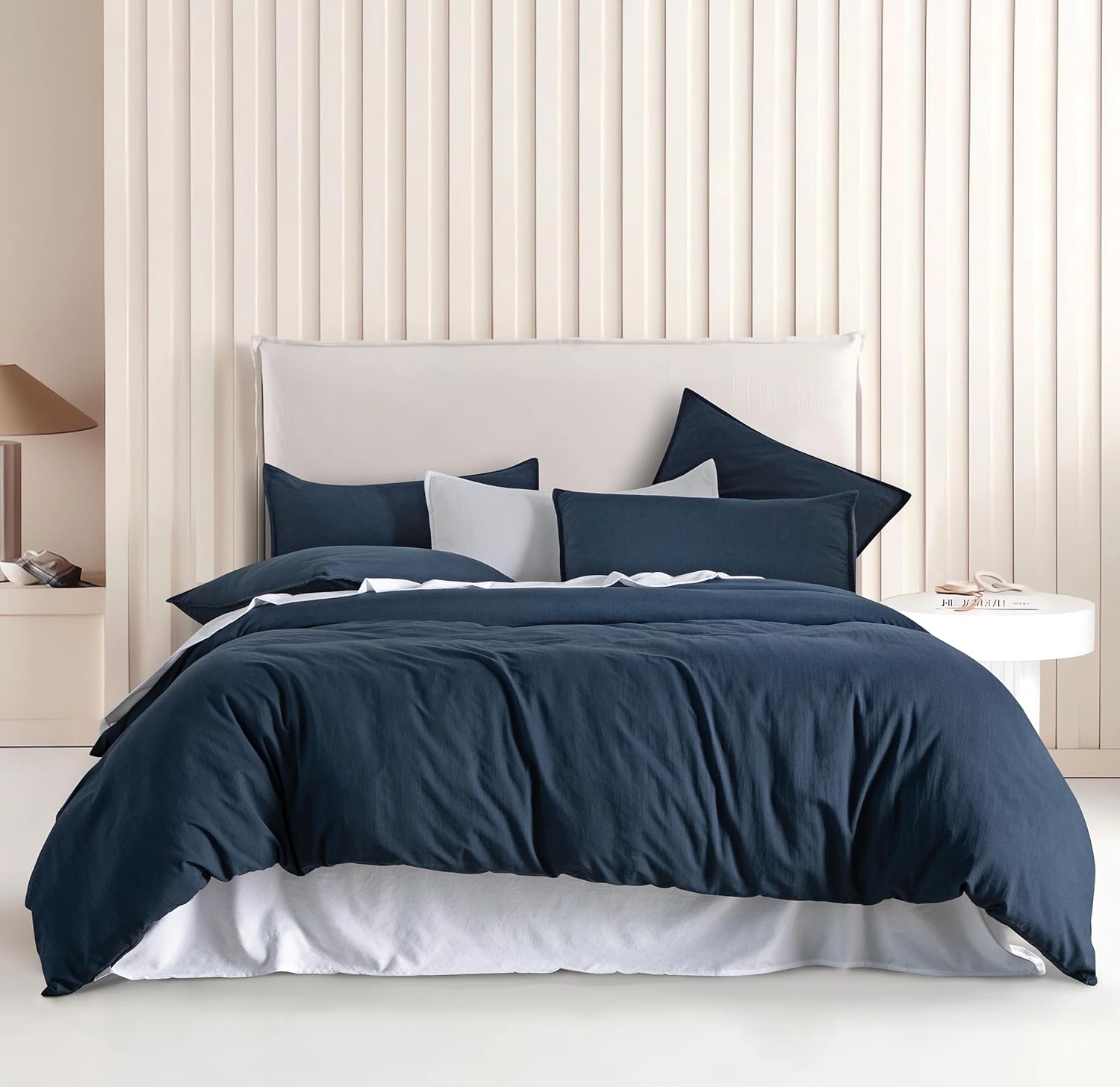 V439-CQSNAVYWM-191182-00 Vintage Washed Microfibre Quilt Cover Set (3Pcs) - Navy - Queen Size - Image 1